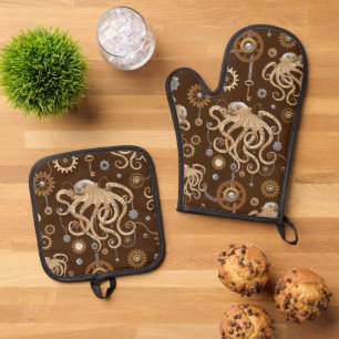 Ensemble De Gant De Cuisine Et De Manique Poulpe Steampunk Rétro Fantastique Mécanique