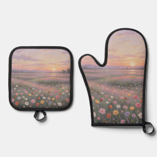 Ensemble De Gant De Cuisine Et De Manique Prairie de fleurs sauvages rêveuse au coucher du s