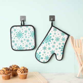 Ensemble De Gant De Cuisine Et De Manique Pretty Green Flammes de neige de Noël sur le blanc