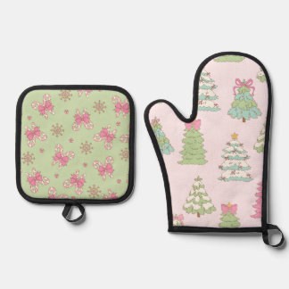 Ensemble De Gant De Cuisine Et De Manique Pretty Pastel Christmas Trees and Bows