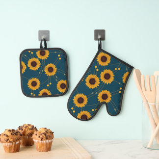 Ensemble De Gant De Cuisine Et De Manique Random Art Nouveau Sunflowers Retro Floral Yellow