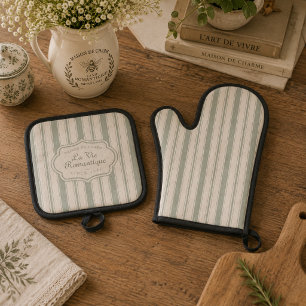 Ensemble De Gant De Cuisine Et De Manique Rayures de Sauge Subtile de Style Campagnard Franç