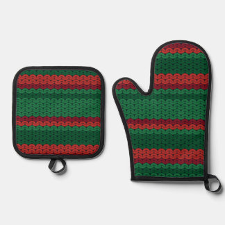 Ensemble De Gant De Cuisine Et De Manique Rayures Faux Tricot Rouges et Vertes