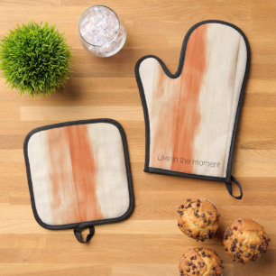 Ensemble De Gant De Cuisine Et De Manique Rayures Orange Pêche Crème