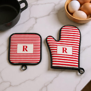 Ensemble De Gant De Cuisine Et De Manique Rayures rouges et blanches avec monogramme