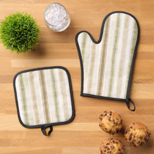 Ensemble De Gant De Cuisine Et De Manique Rayures vert brun crème