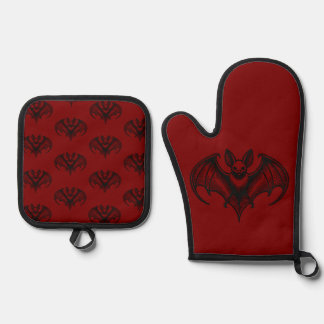 Ensemble De Gant De Cuisine Et De Manique Red Bat Patterned Oven Mitt and Pot Holder Set