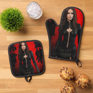 Ensemble De Gant De Cuisine Et De Manique Red Black oven mitt & pot holder set