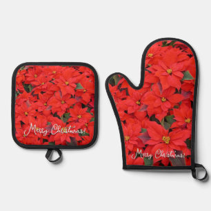 Ensemble De Gant De Cuisine Et De Manique Red Poinsettias I Christmas Holiday Floral Photo