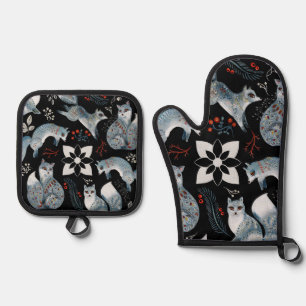 Ensemble De Gant De Cuisine Et De Manique Renards bleus stylisés avec des motifs floraux com