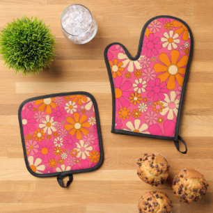 Ensemble De Gant De Cuisine Et De Manique Retro 60s les années 70 Super rose chaud motif flo