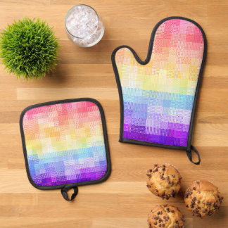 Ensemble De Gant De Cuisine Et De Manique Retro Boho Funky Quirky Xenogender Plaid Pride