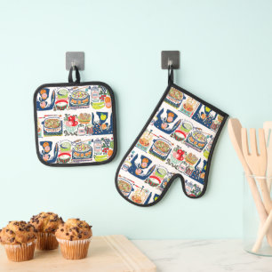 Ensemble De Gant De Cuisine Et De Manique Retro Cuisine Cuisinière Livre Illustration Marine