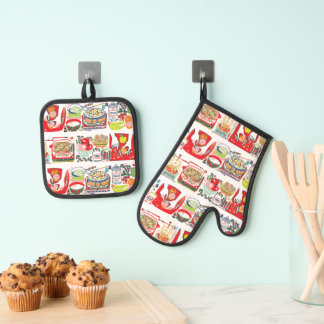 Ensemble De Gant De Cuisine Et De Manique Retro Cuisine Cuisinière Livre Illustration Rouge