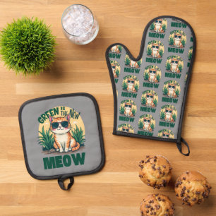 Ensemble De Gant De Cuisine Et De Manique Rétro "Green is the New Meow" Cool Chat Nature Art
