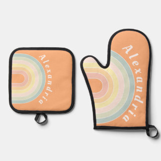 Ensemble De Gant De Cuisine Et De Manique Retro personnalisé Rainbow Pastel