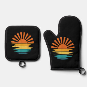 Ensemble De Gant De Cuisine Et De Manique Retro Sunset Rays Wavy Vintage Retro Sunshine Sun