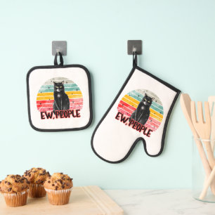 Ensemble De Gant De Cuisine Et De Manique Retro Vintage Chat Noir Ew