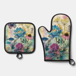 Ensemble De Gant De Cuisine Et De Manique Rêve Aquatique Floral Vibrant