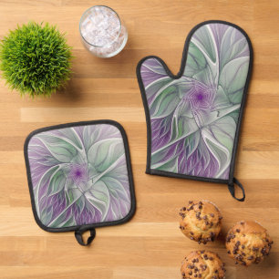 Ensemble De Gant De Cuisine Et De Manique Rêve de fleurs, Abstrait violet vert Fractal Art