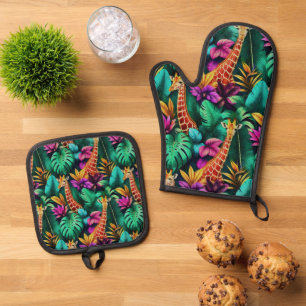 Ensemble De Gant De Cuisine Et De Manique Rêves de girafe de jungle motif de surface transpa
