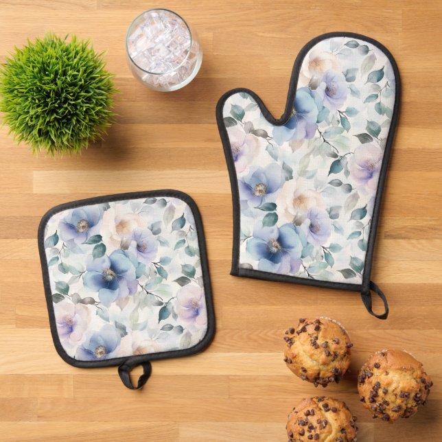 Ensemble De Gant De Cuisine Et De Manique Romantique Jolie Lavande violet Fleurs blanches (De haut en bas)