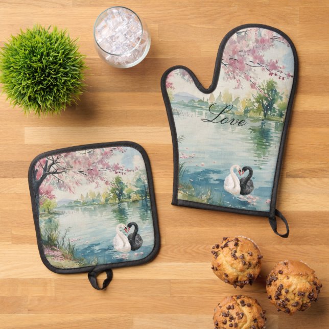 Ensemble De Gant De Cuisine Et De Manique Romantique Swans Lake Amour (De haut en bas)