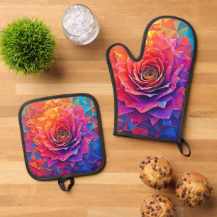 Ensemble De Gant De Cuisine Et De Manique Rose Bloom Abstrait Low Poly
