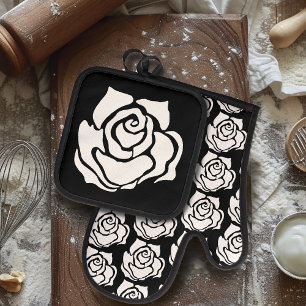 Ensemble De Gant De Cuisine Et De Manique Rose Tribale Minimaliste Noire Florale Blanche Abs