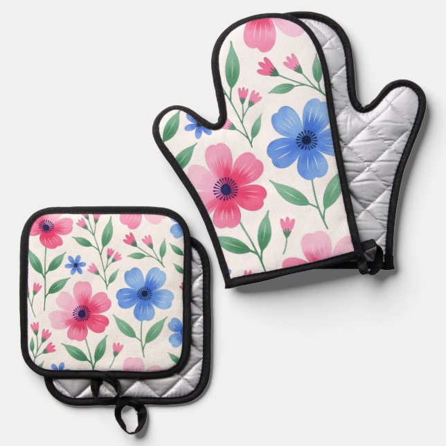 Ensemble De Gant De Cuisine Et De Manique Rosewater Bloom (Recto/Verso)