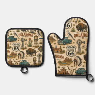 Ensemble De Gant De Cuisine Et De Manique Route 66 de l'Oklahoma Collage Western Vintage