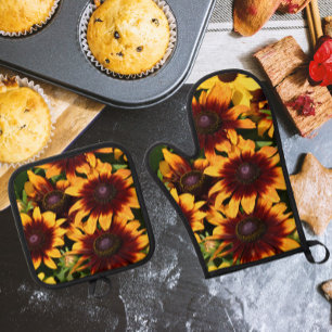 Ensemble De Gant De Cuisine Et De Manique Rudbeckias jaune et bronze Floral