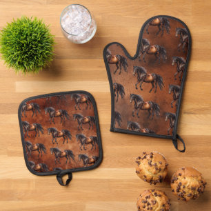 Ensemble De Gant De Cuisine Et De Manique Russe Brown Cheval du Sud-Ouest Cowboy Cowgirl