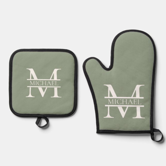 Ensemble De Gant De Cuisine Et De Manique Sage Vert Elégant Personnalisé Monogramme & Nom (Recto)