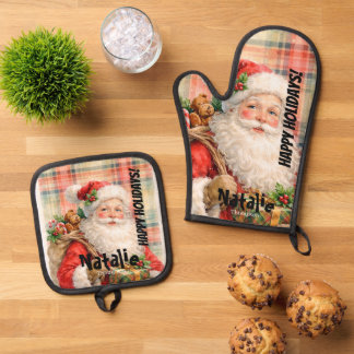 Ensemble De Gant De Cuisine Et De Manique Santa rouge tartan poussiéreux personnalisé Joyeux