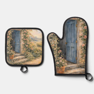 Ensemble De Gant De Cuisine Et De Manique Scène de chemin fleuri à la porte bleue du jardin