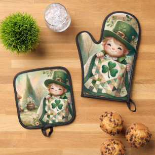 Ensemble De Gant De Cuisine Et De Manique Scène de courtepointe patchwork Cottage Leprechaun