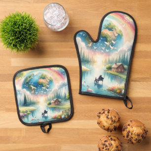 Ensemble De Gant De Cuisine Et De Manique Scène Whimsical Rainbow Earth Imaginaire