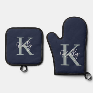 Ensemble De Gant De Cuisine Et De Manique Script Monogramme bleu marine moderne