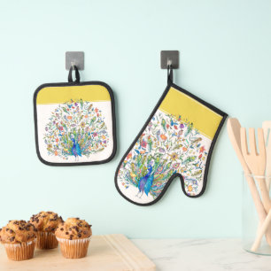 Ensemble De Gant De Cuisine Et De Manique Serviette de cuisine paon floral aquarelle