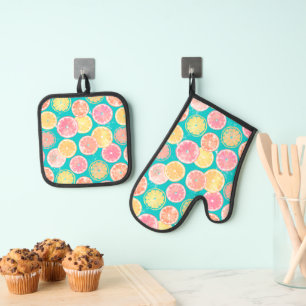 Ensemble De Gant De Cuisine Et De Manique Serviette Motif en tranches de pamplemousse juteus