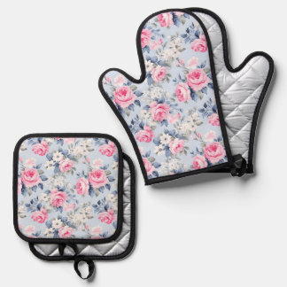 Ensemble De Gant De Cuisine Et De Manique Shabby chic pink roses white flowers pattern