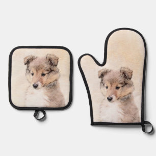 Ensemble De Gant De Cuisine Et De Manique Shetland Sheepdog Puppy Peinture Sheltie Chien Art