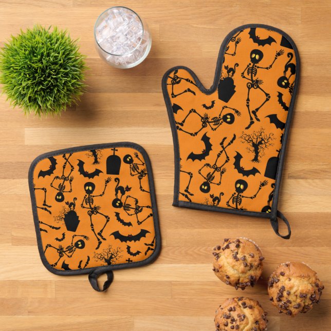 Ensemble De Gant De Cuisine Et De Manique Skeletons d'Halloween Macabre Dance (De haut en bas)