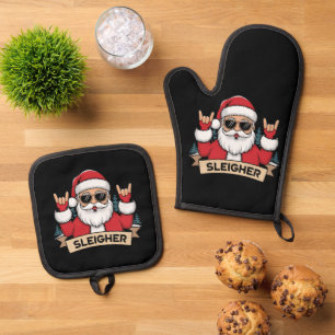 Ensemble De Gant De Cuisine Et De Manique Sleigher de Noël Père Noël Rock Rocker de Noël