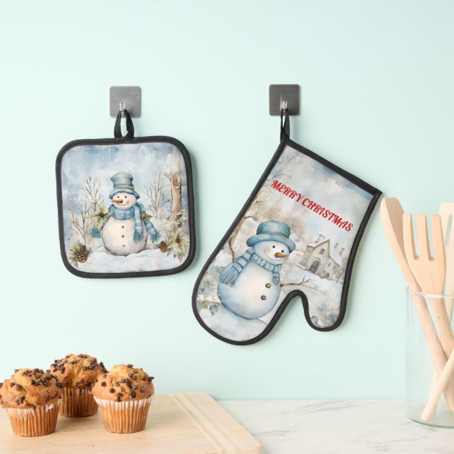 Ensemble De Gant De Cuisine Et De Manique Snowman Habillé En Bleu (In situ (suspendu))