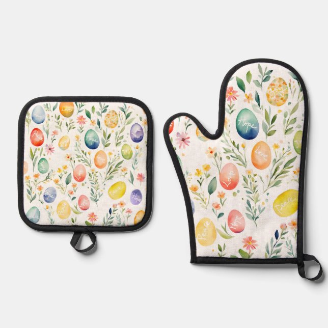 Ensemble De Gant De Cuisine Et De Manique Souhaiter Pâques (Recto)