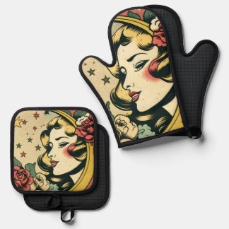 Ensemble De Gant De Cuisine Et De Manique Style les années 50 rétro Crescent Lady Lune