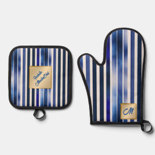 Ensemble De Gant De Cuisine Et De Manique Summer Popular Navy Blue Boat Stripes Collection