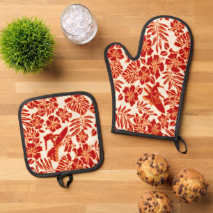 Ensemble De Gant De Cuisine Et De Manique Surf Pareau Hawaiian Hibiscus Surf Rouge